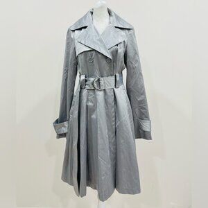 NWOT BEBE Y2K Light Gray Silver Tailored Shiny Satin Knee Length Trench Coat M